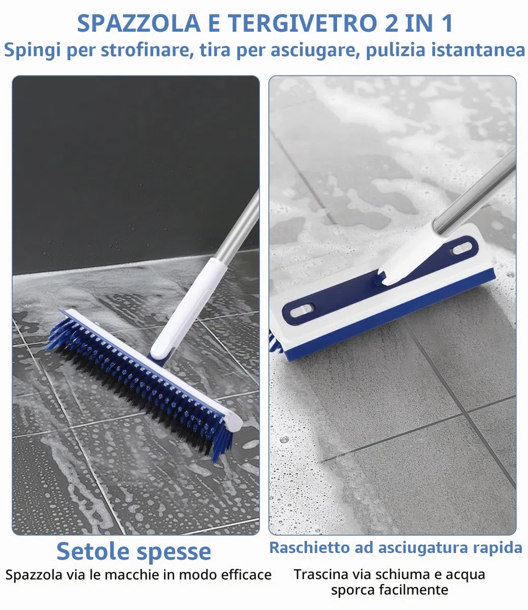 Spazzolone per Pavimenti 2 in 1 con Tira Acqua e Setole Rigide, Manico in 5 Parti Estensibile Fino a 1,8 m, per Bagno, Cucina, Piscina, Garage, Spazzolone Esterni, Spazzola Lavapavimenti