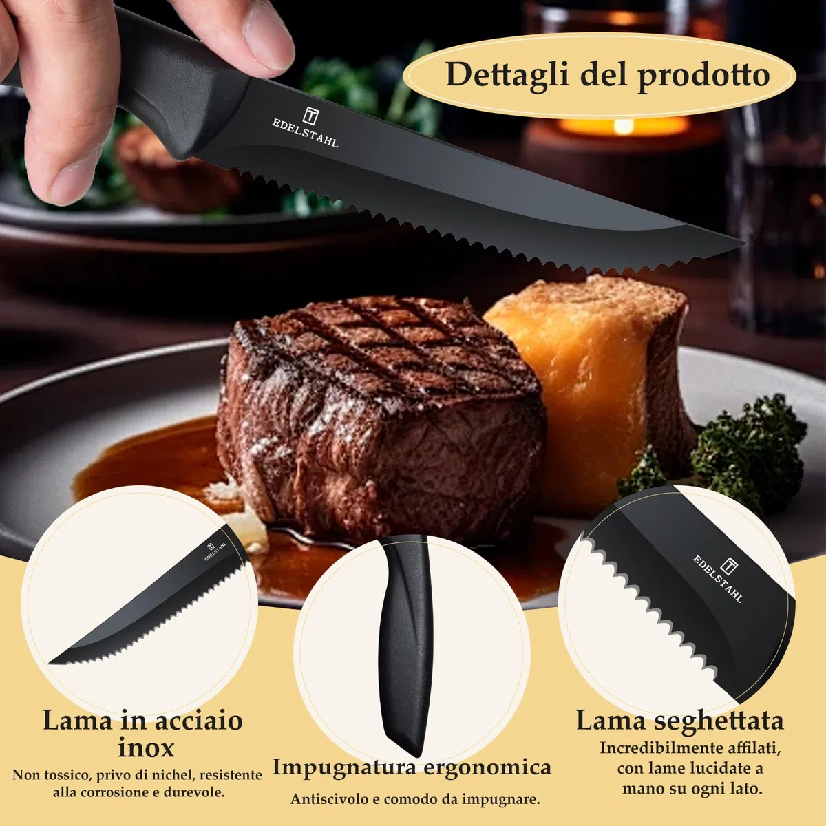 Coltello da cucina professionale, set di 6 coltelli da bistecca, coltello da bistecca in acciaio inox di alta qualità, coltelli da tavola resistenti, utensili da cucina neri