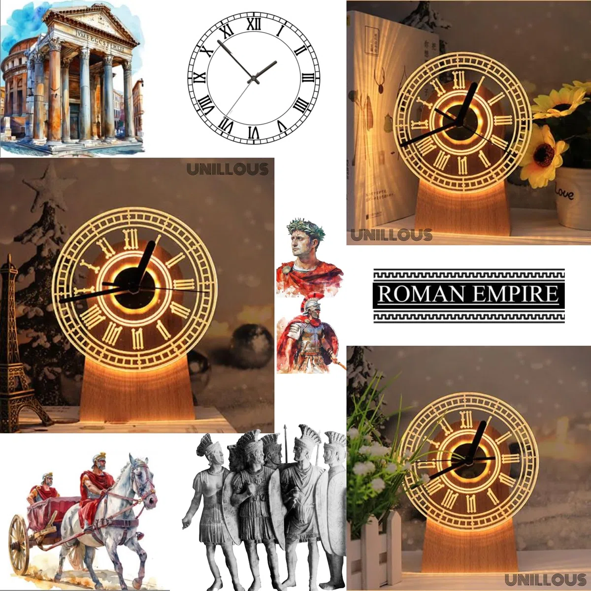 Orologio da Tavolo Romano Design Artigianale in legno massello Silenzioso Luce LED ricaricabile e regolabile oggetto d'arredo decorativo per casa ufficio idea regalo table clock movimento automatico