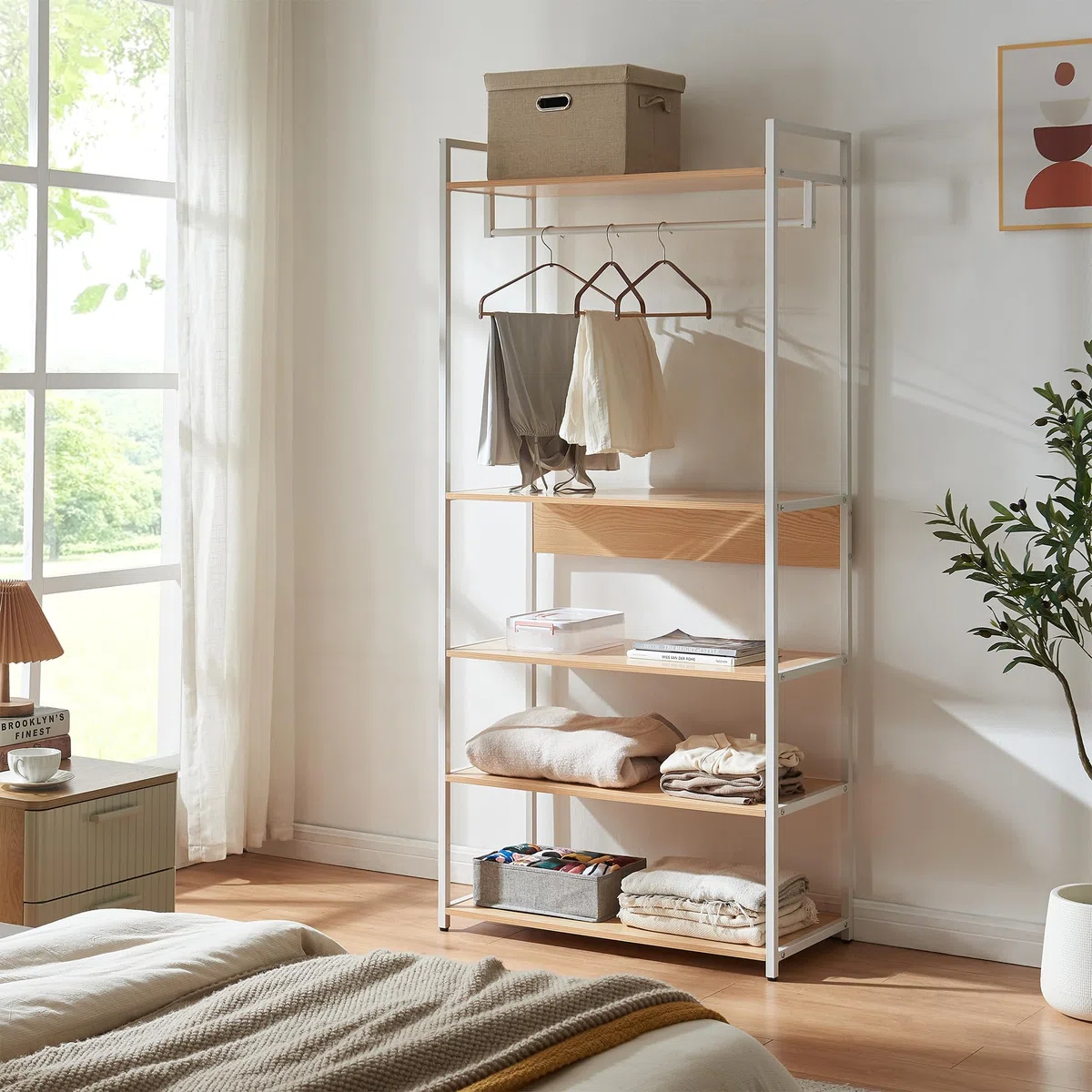 [en.casa] Organizzatore Guardaroba Stand Porta Abiti con Barra Appendiabiti e Ripiani Mobile Porta Vestiti per Cabina Armadio 180x80x40 cm Bianco/Effetto Rovere