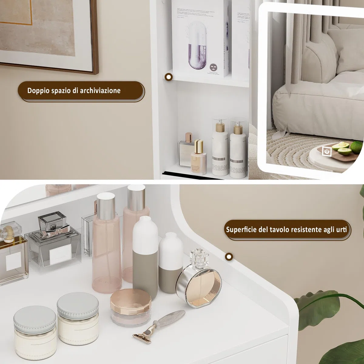 YU YUSING Toeletta Trucco con Luci LED e Specchio 3 Colori, Tavolo da Trucco con Sgabello, 3 Cassetti e 5 Ripiani, Postazione 60cm Vanity Desk for Makeup, Camera da Letto Soggiorno, Moderno, Bianco