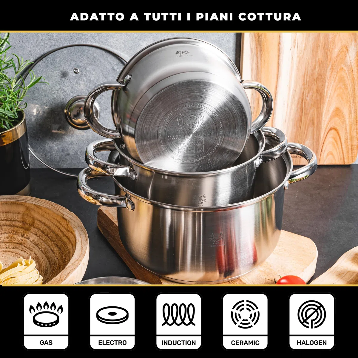 KARL HAUSMANN Set di Pentole Induzione - 4 Pezzi - Batteria di Pentole Acciaio Inox - Scala Interna - Pentola per Induzione, Gas, Elettrica e in Vetroceramica - Riscaldamento e Cottura Uniforme