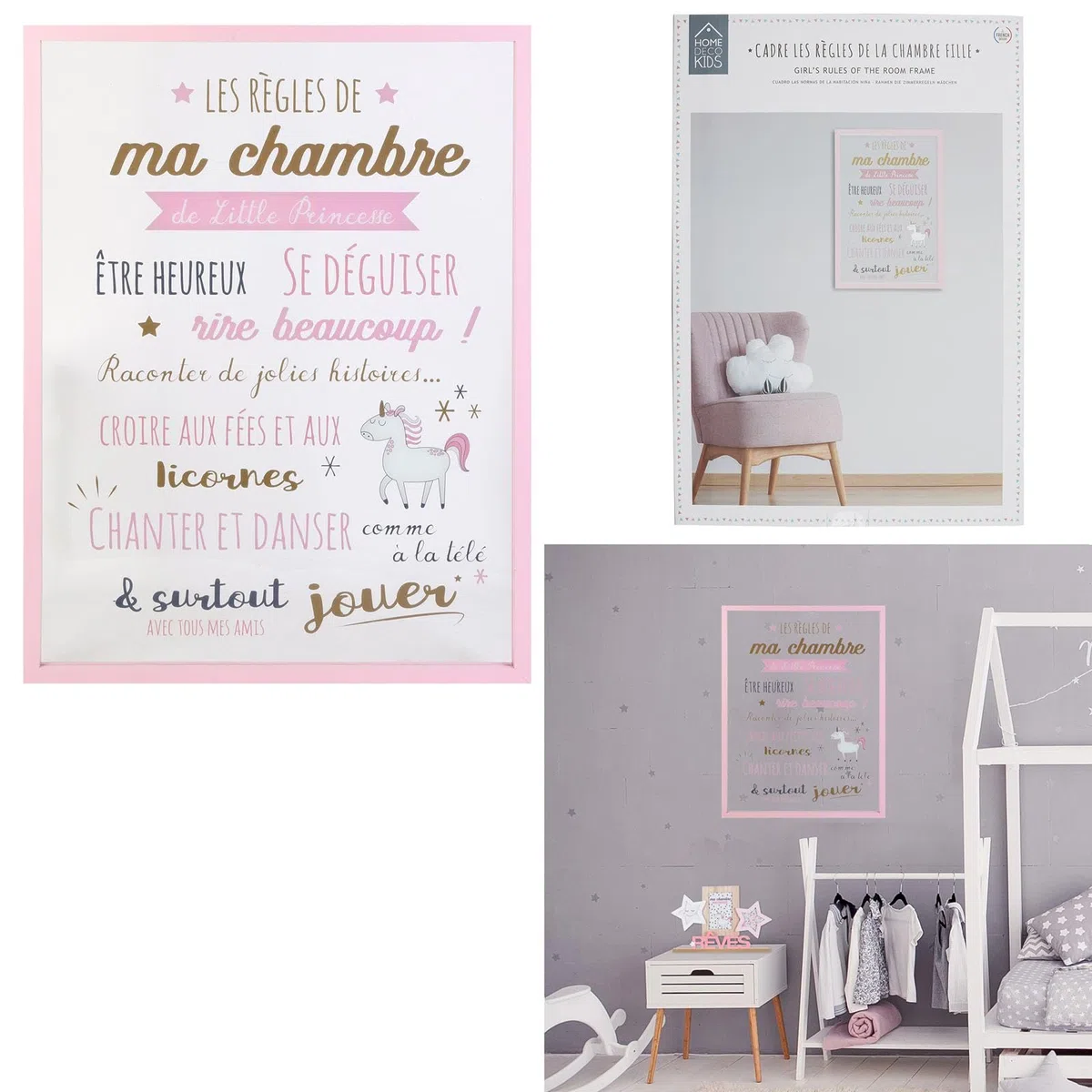 HOME DECO KIDS HD2352 Cornice Les Regles Bambine Deco Camera Oggetto Decorativo, Legno, MDF, Trasparente, Rosa, Or-Grigio Scuro/Rosa Polvere, 40 x 1,6 x 60