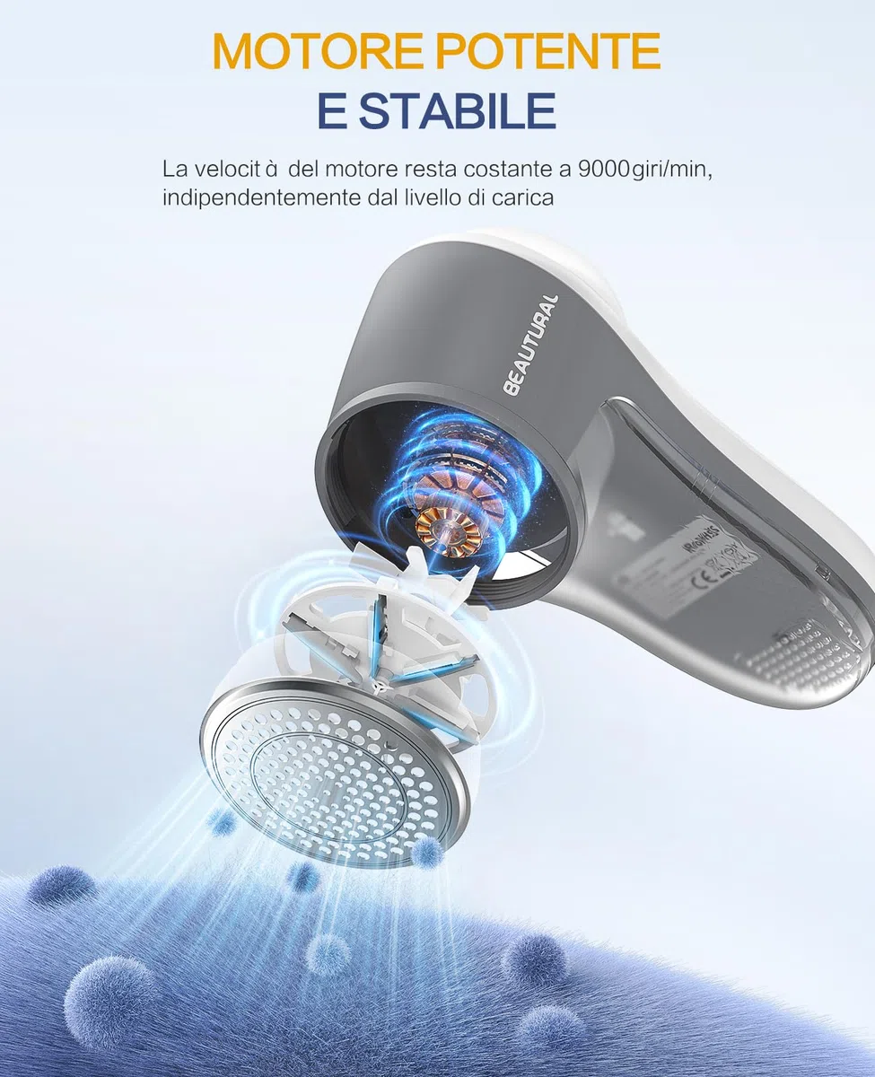 BEAUTURAL Leva Pelucchi Elettronico, Levapelucchi Ricaricabile tramite USB-C, con 6 Lame, Rimuove Pelucchi, Pallini e Pilling da Indumenti, Maglioni e Tessuti d’Arredo