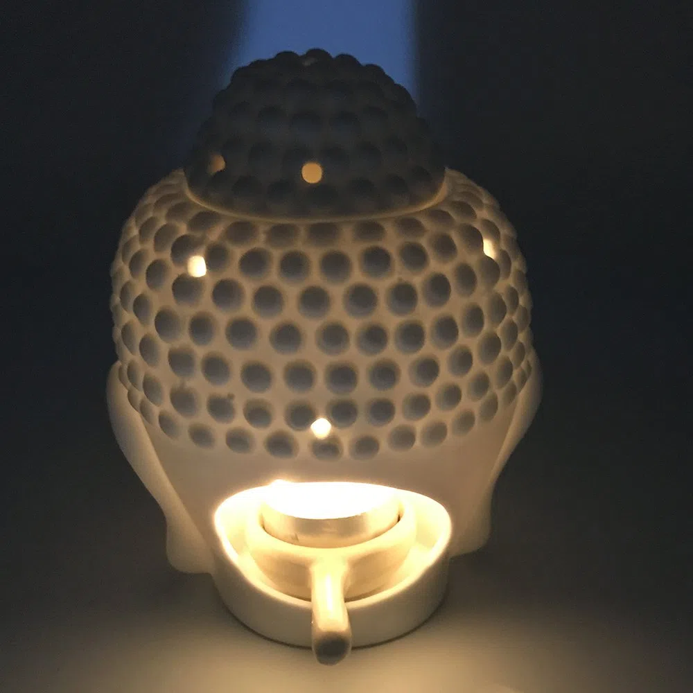 Bruciatore a olio per aromaterapia in ceramica, testa di buddha, diffusore di oli essenziali, bruciatore di incenso indiano tibetano S (bianco)