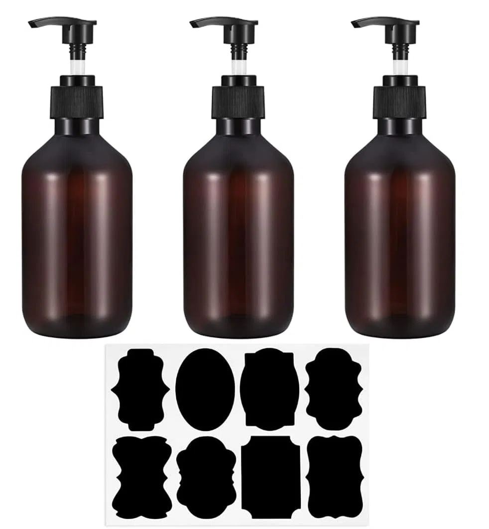 3 Pezzi Bottiglie Vuote con Pompa a Pressione, 300 ml Dispenser di Sapone Liquido, Flaconi a Pompa Dispenser Sapone per Lozioni Doccia Shampoo, con Etichetta