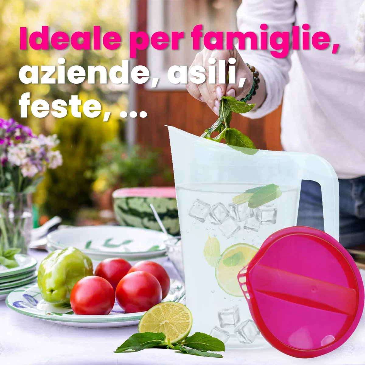 Home Line brocca per succo 1,75 L – Bricco per acqua con coperchio fisso – Bricco per bevande con antigoccia esterno – Caraffa per acqua per frigorifero – Dispenser di succo. 6er Set (Blau, Grün, Rot)