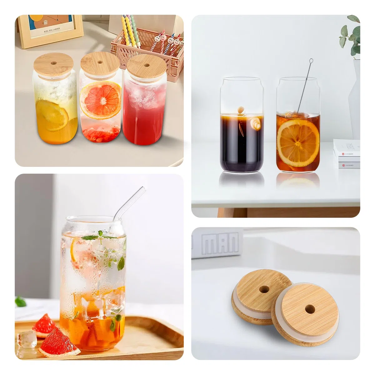 KITDAHOM 3 Bicchieri in Vetro con Cannuccia - Bicchiere con Cannuccia, 550 ml, Coperchio in Bambù, Canna e Spazzola, Vetro Borosilicato, per Caffè Freddo, Cocktail e Whisky