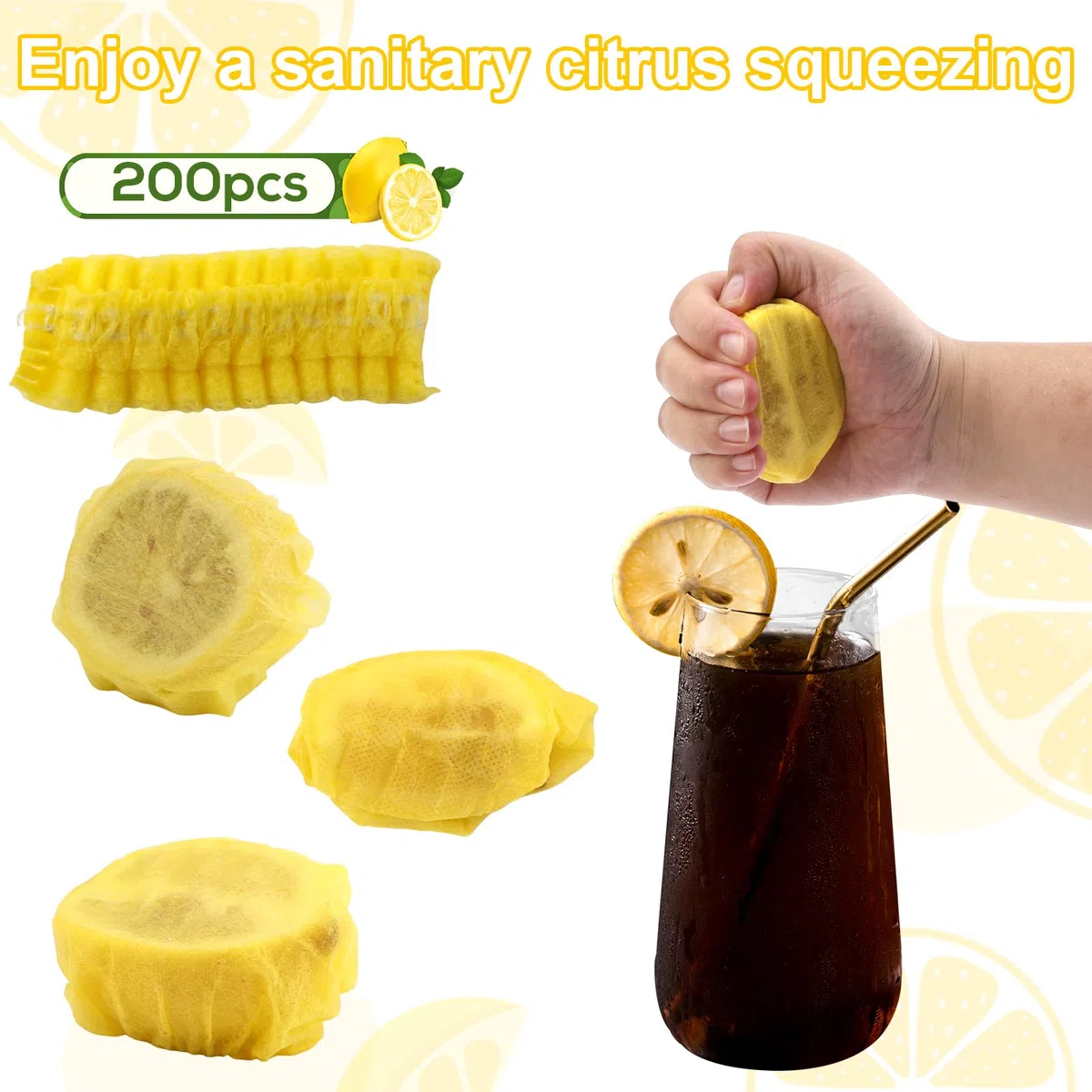 BOXOB 200 pz Coperture per Limoni per Spremere, Sacchetti per Spicchi di Limone Pellicole Elastiche Rete per Succo di Limone Panni per Spremitura, Ideali per Spremere Limoni o Lime Freschi (Giallo)