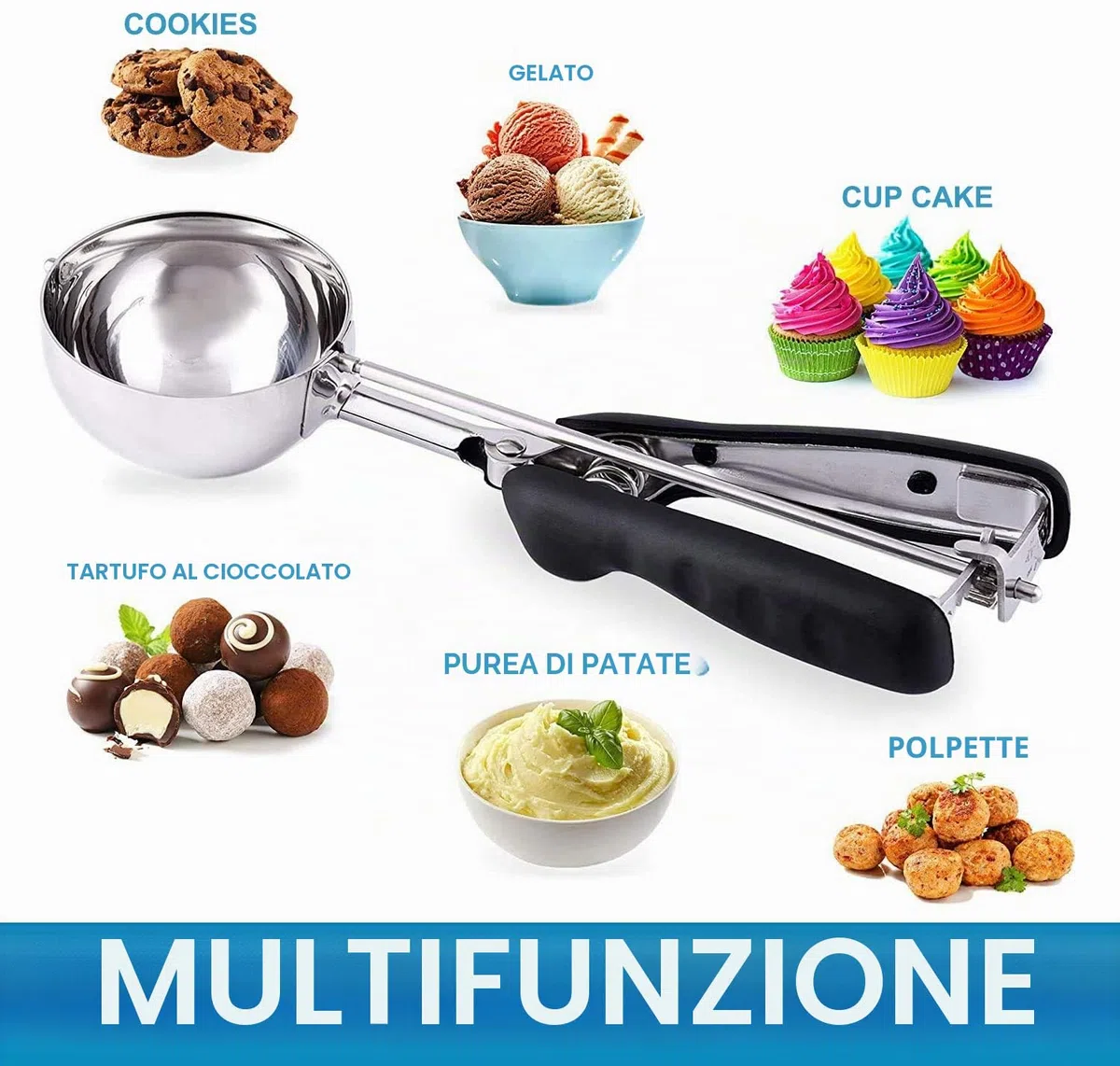 Cucchiaio per Gelato 4 cm, 5 cm o 6 cm - Porzionatore Paletta in Acciaio Inox per Gelato, Biscotti - Dosatore (5 cm)