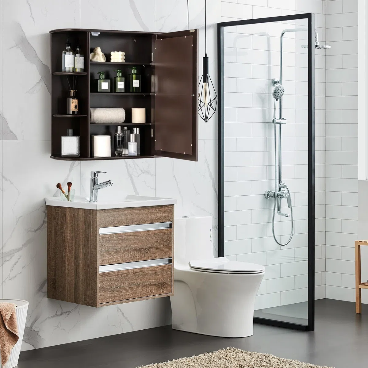 LIFEZEAL Armadietto a Specchio, Pensile a 1 Anta, per Bagno, 4 Ripiani e 6 Scomparti Aperti, Ripiani Interni Regolabili, Mobiletto da Parete, Salvaspazio, in Legno, 66x16,5x63 cm (marrone)