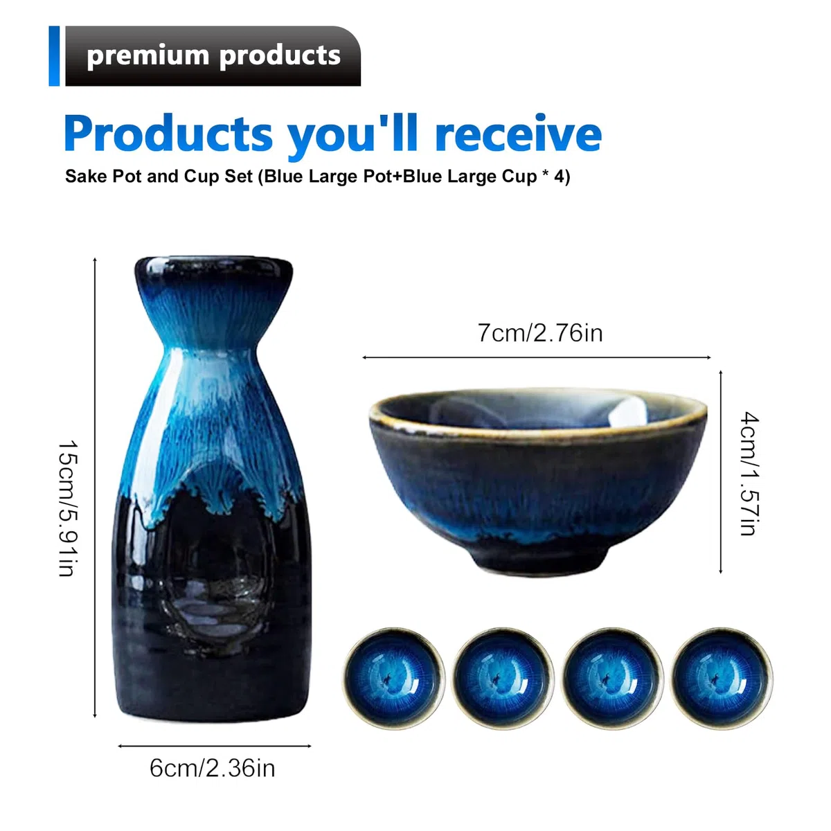 BORDEAG Set di 5 sake da 310 ml, in ceramica giapponese, vetro borosilicato di alta qualità con tazza e vaso di vino, elegante porcellana blu