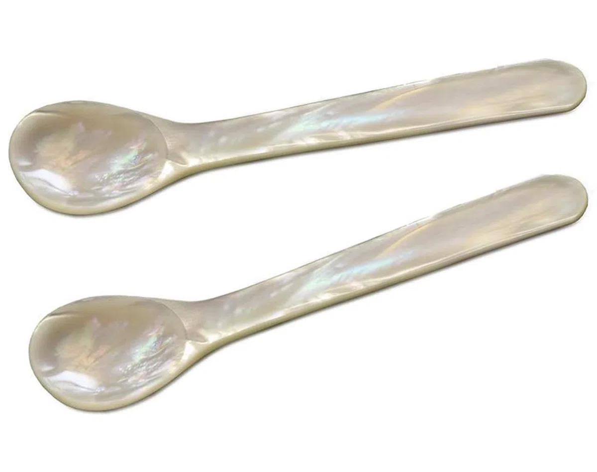 Edzard Set da 2 cucchiaini per Uovo di autentica Perla di Fiume (Non Perla coltivata!), Fatto a Mano di Alta qualità, Lunghezza 12 cm, Angoli arrotondati, Scatola Robusta Compresa
