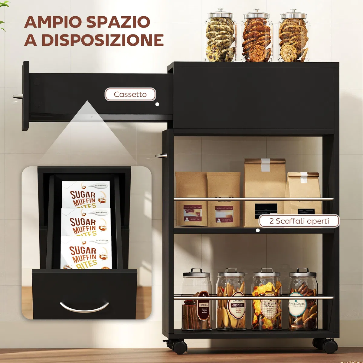 HOMCOM Carrello da Cucina con 2 Ripiani Aperti, Cassetto, Parapetti e Ruote a Freno, Carrello Cucina Salvaspazio Portaoggetti in Truciolato e Acciaio Inox, per Bagno, Soggiorno, 25x50x85 cm, Nero
