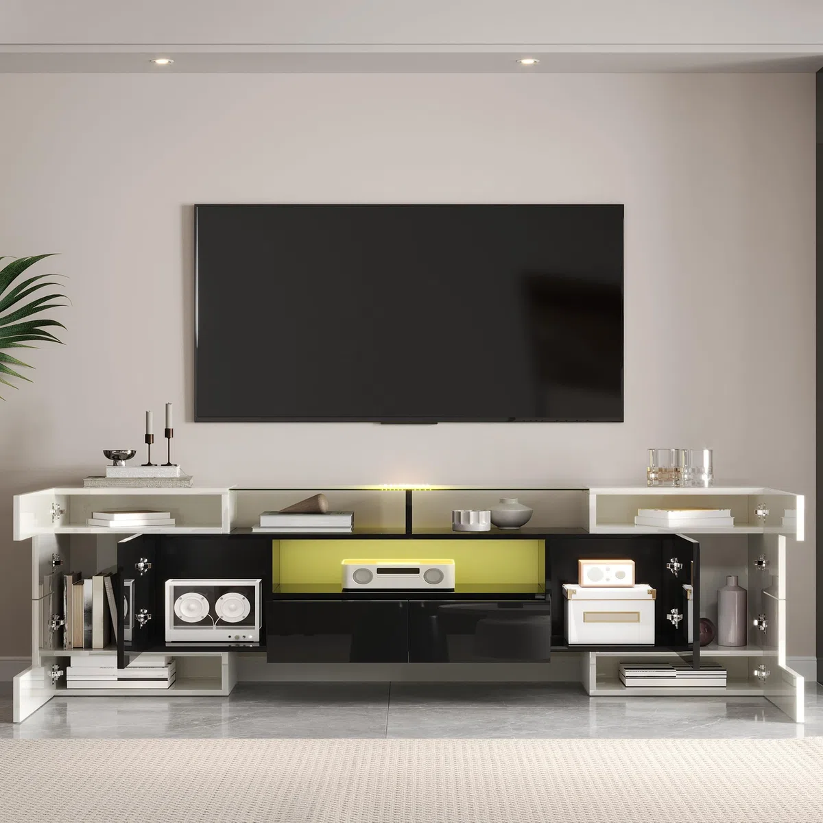 Lowboard per TV moderna, larghezza 200 cm, bianco lucido e grigio, con illuminazione LED RGB, 6 ante e 2 cassetti, armadietto multimediale (bianco+nero + MDF)