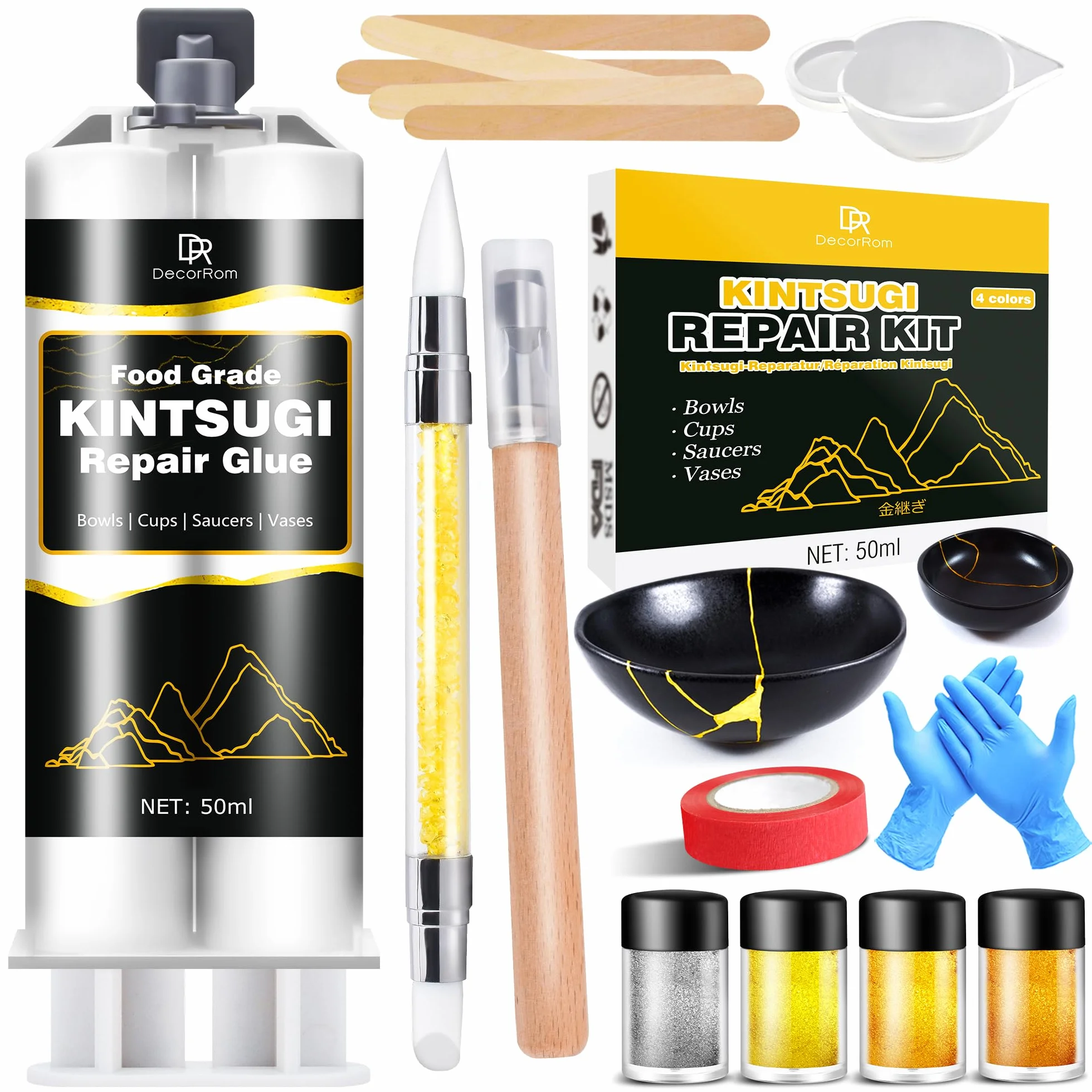 Kintsugi Set Riparazione Ceramica 50ml Oro Argento Adesivo Porcellana Sicuro Alimenti