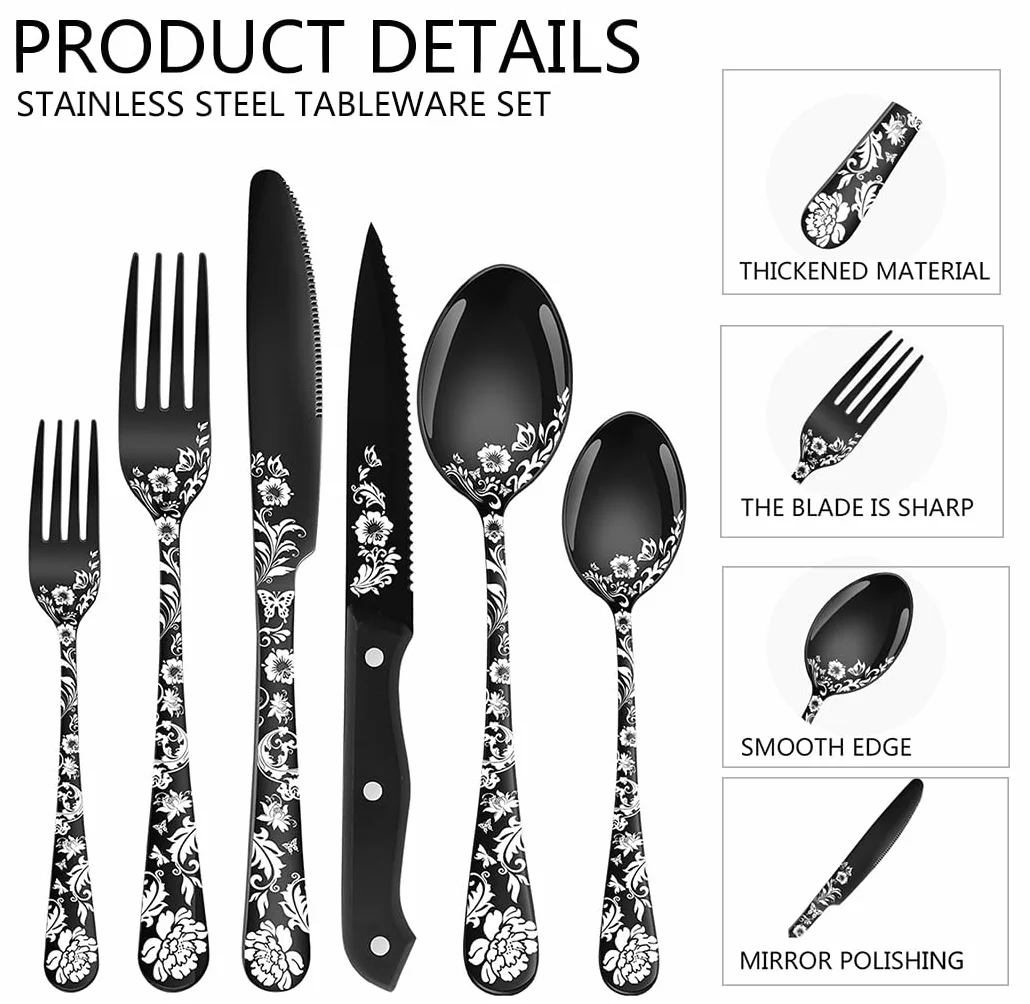 XIAOYU Set di posate da 48 pezzi con coltelli da bistecca, set di posate in acciaio inossidabile per 8 persone, set di coltelli forchette cucchiai con laser unico a forma di fiore di peonia
