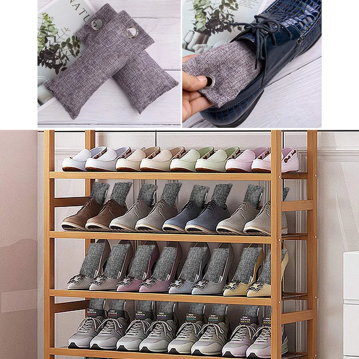 85g x10 Deumidificatore Naturale, Sacchetto Carbone bambù, Deodorante Auto, Purificatore d'Aria, Assorbi umidità Armadio, Elimina Odori per Frigorifero Seminterrato Scarpe Borsa da Ginnastica