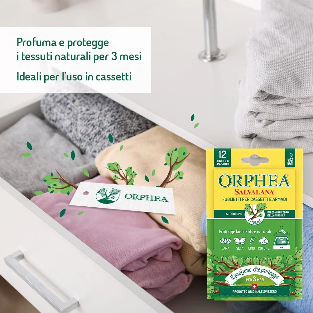 Orphea, Foglietti Salvalana per Cassetti e Armadi, per Lana e Vestiti Tutta la Stagione, Profumo Legni di Cedro, Confezione 3 pack da 12 Foglietti (Confezione da 2)