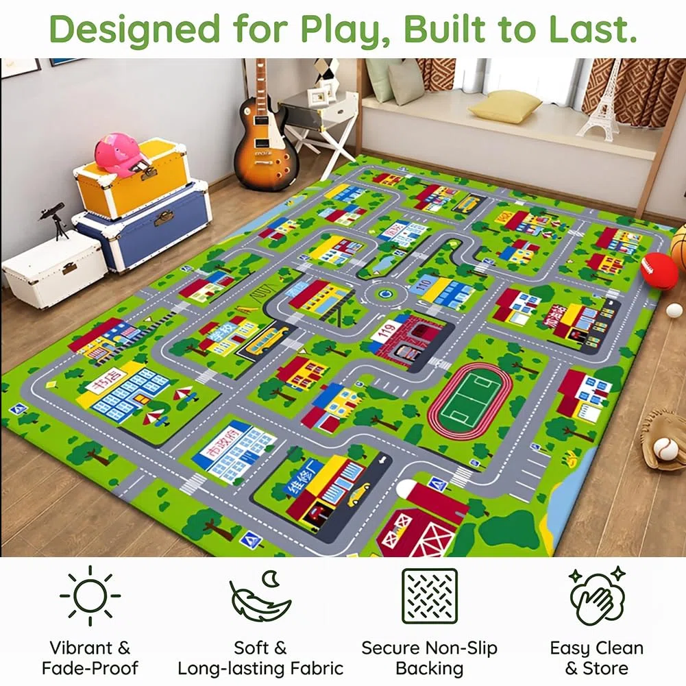 Tappeto con Tracciato Stradale Cartoon, Tappeto Mappa Città, Carpet in Fibra di Poliestere,Carpet Decorativo Antiscivolo e Lavabile per Ambienti Domestici-80x120cm