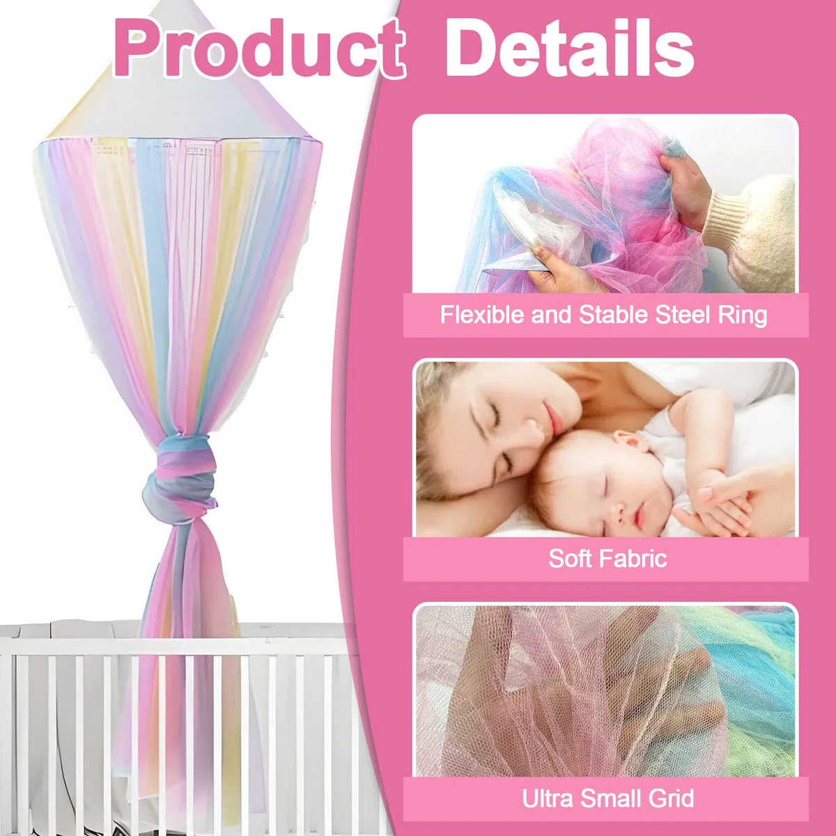 Forhome Cielo da letto per bambine, con arcobaleno, (60x250x125), rete da appendere, decorazione stanza, zanzariera viaggi casa