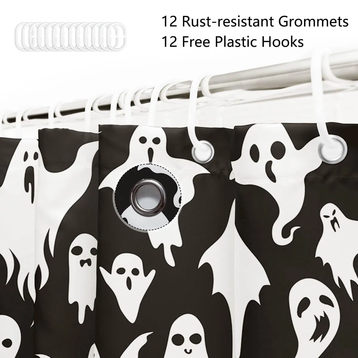 AIBIIN Tenda da doccia con fantasmi di Halloween, 182,9 x 183 cm, motivo fantasma in bianco e nero, divertente tenda da doccia carina e divertente decorazione impermeabile in tessuto resistente per la