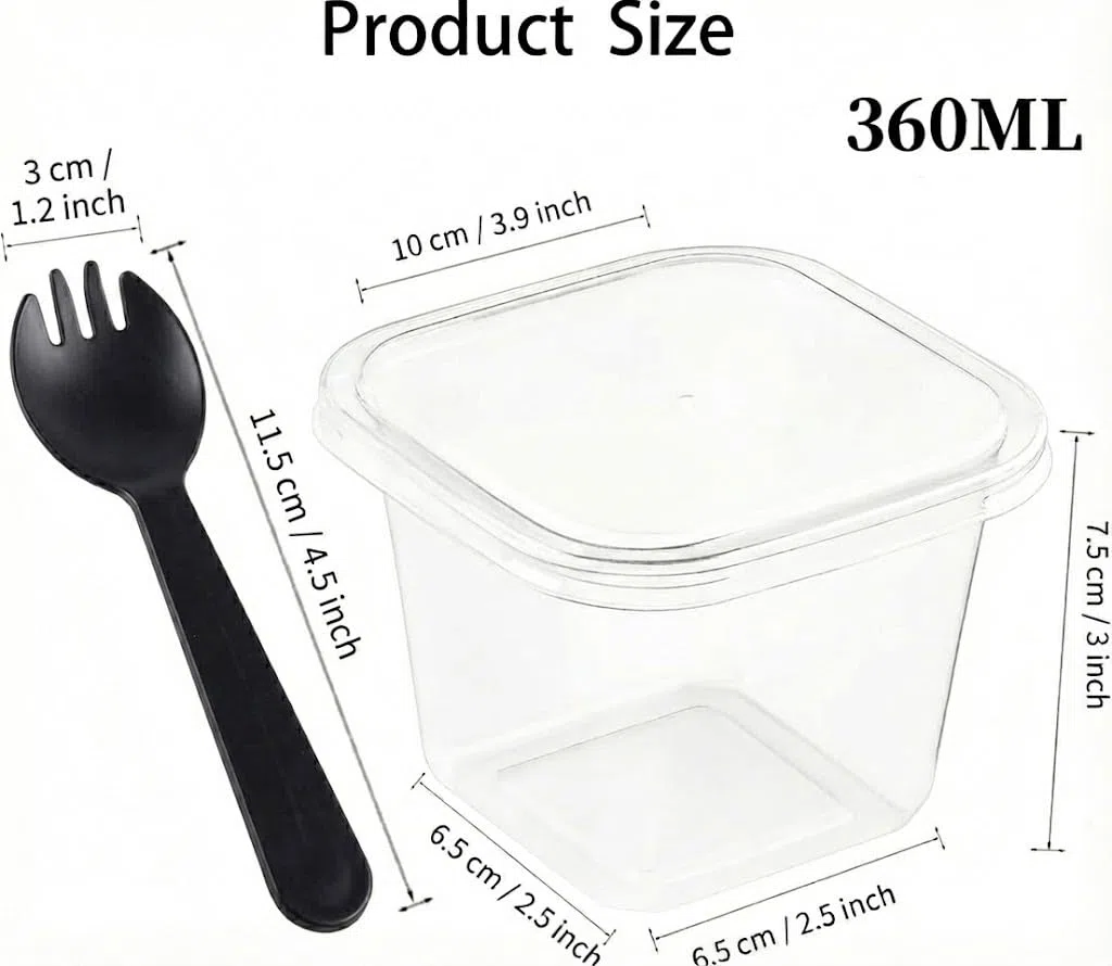 Coppette da dessert quadrate, riutilizzabili, 360 ml, 50 pezzi con coperchio e cucchiai neri, trasparenti, moderne, adatte per uso commerciale e domestico