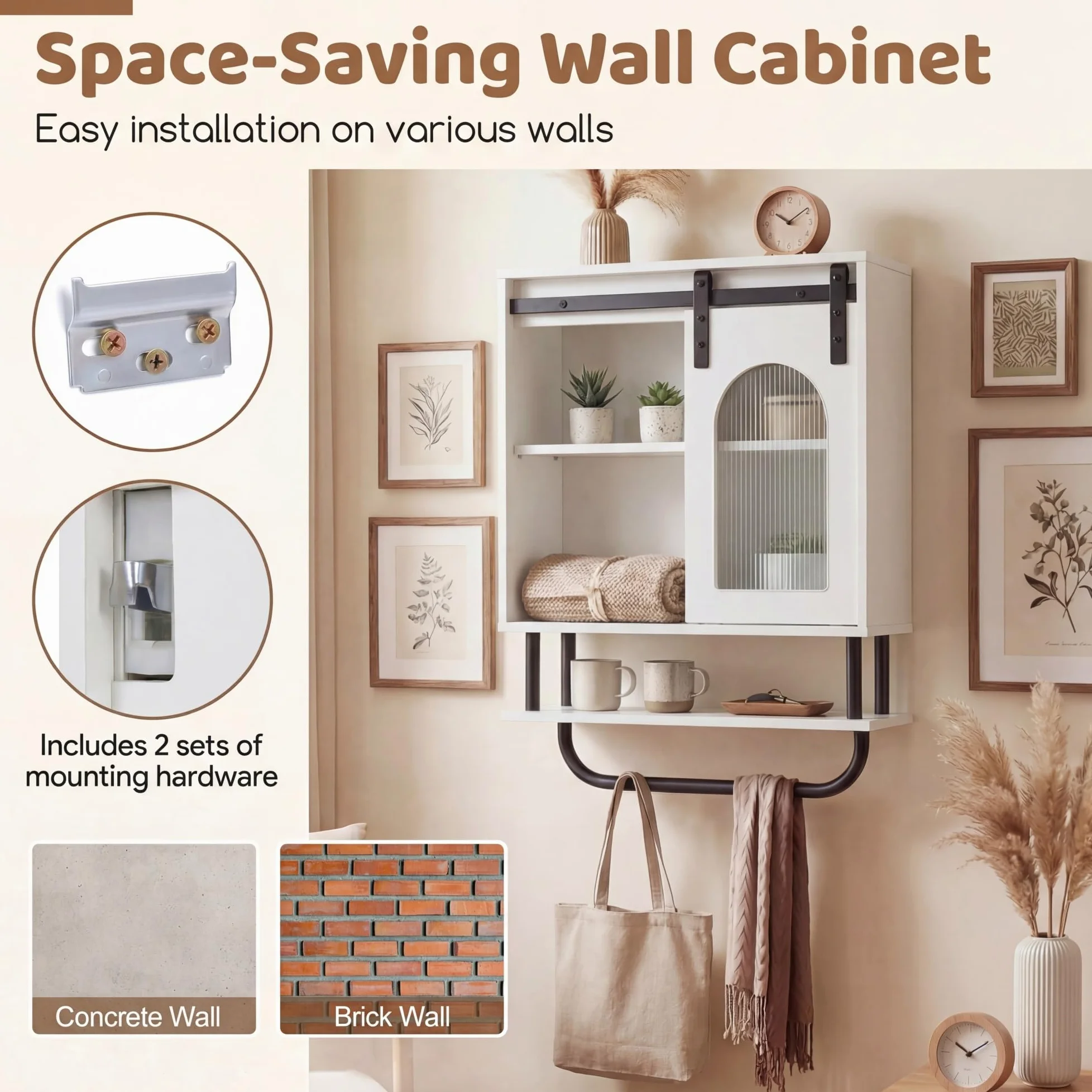 LIFEZEAL Armadio a Parete per Bagno, Armadio con Porta Asciugamani e Scomparto Aperto, Mobile Sospeso per Bagno, Cucina, Soggiorno, 50 x 20 x 70 cm (Bianco)
