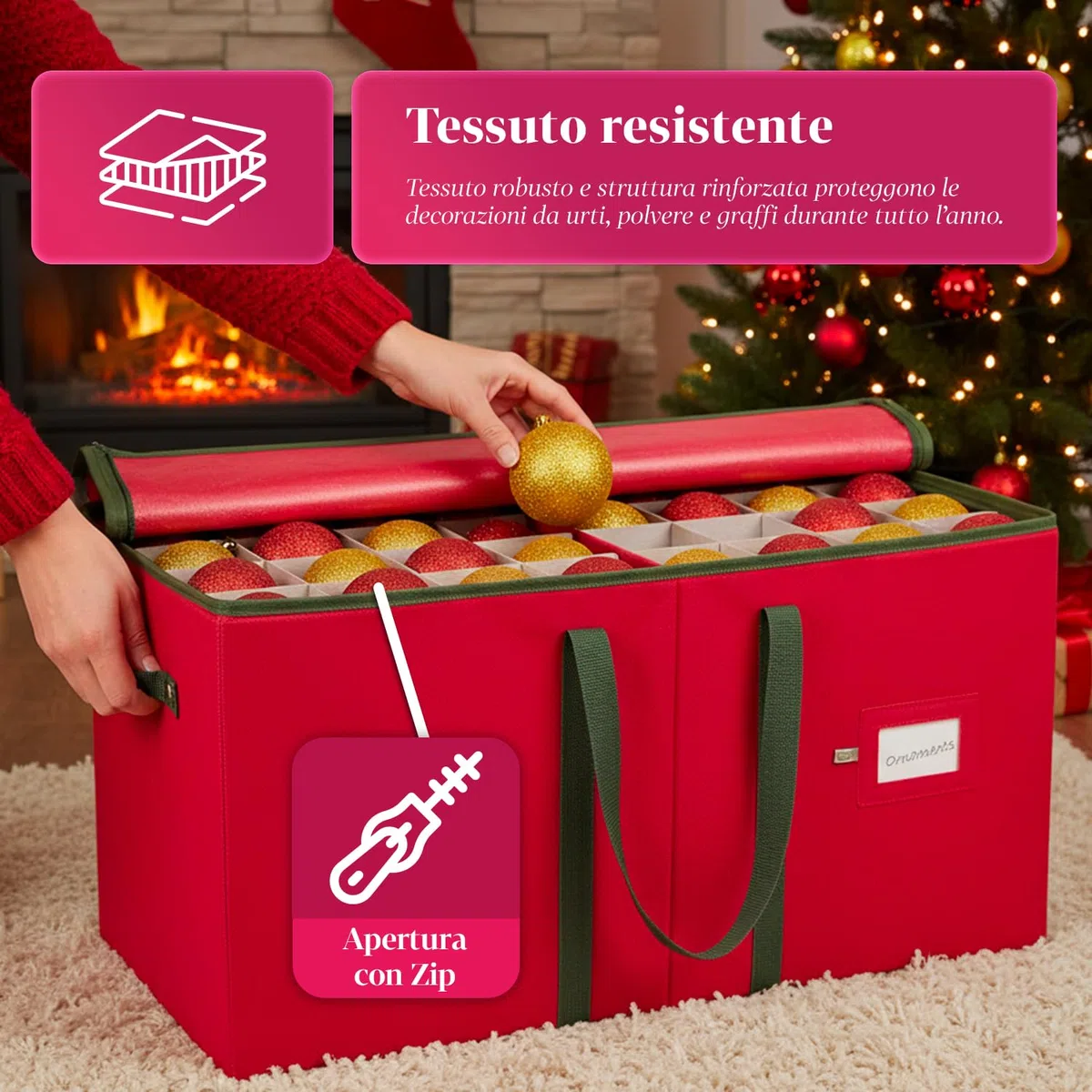 Wintem – Contenitore Porta Palline di Natale in TNT e Cartone Rigido 65x32x32 cm con 64 Scomparti Modulari e Manici Rinforzati, Chiusura Zip Resistente per Conservare 128 Decorazioni Natalizie