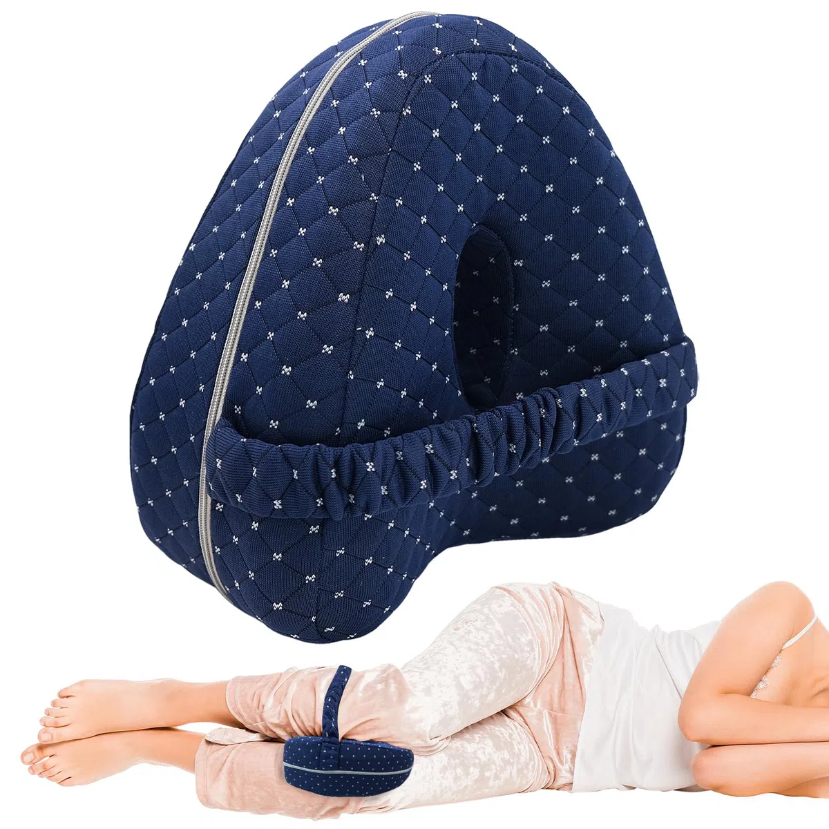 Cuscino per ginocchia per chi dorme sul fianco, ergonomico in memory foam, con cintura e rivestimento rimovibile e lavabile, supporto per ginocchia, gambe e schiena (blu)