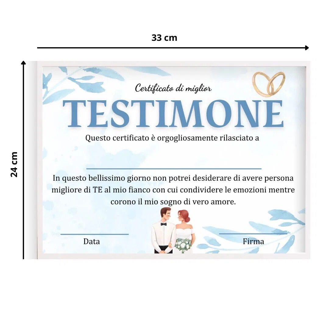 Diploma Miglior Testimone del Mondo con Cornice, Regalo Testimone di Nozze, Certificato di Miglior Testimone Personalizzato, Attestato Damigella (TESTIMONE F)