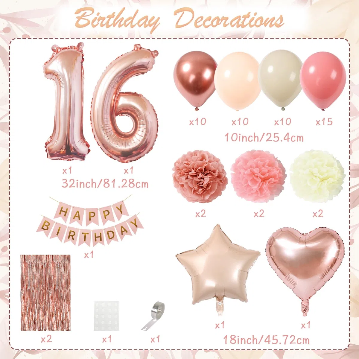 Decorazioni Compleanno 16 Anni Bambina, Palloncini Compleanno Oro Rosa con Striscione Buon Compleanno, Palloncini Cuore Stella Foil, Tende Metalliche Rosegold, Pompon di Carta Rosa per Ragazze