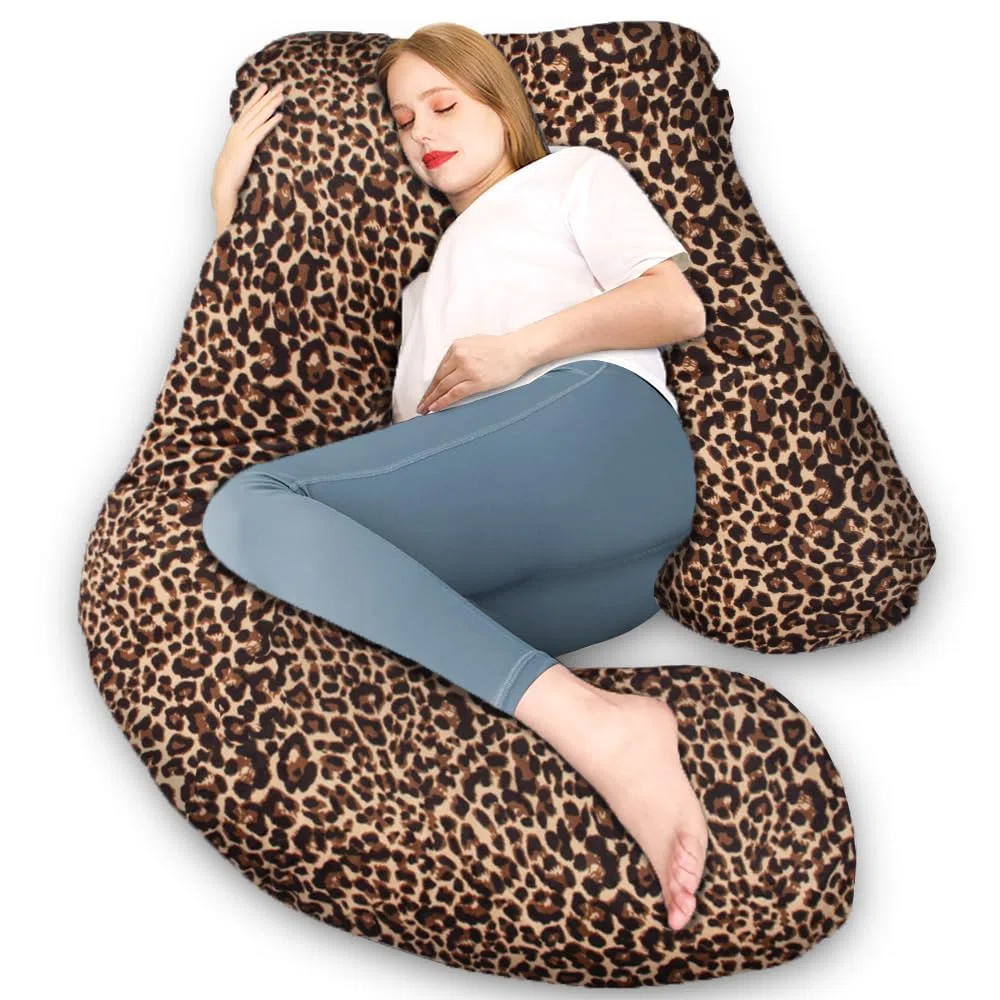 Chilling Home Cuscino per gravidanza a forma di J, cuscino per chi dorme sul fianco con rivestimento J, cuscino per allattamento, grande cuscino per donne e chi dorme sul fianco (motivo leopardato)