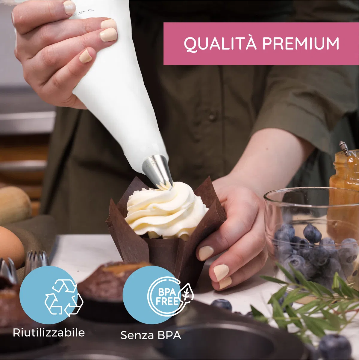 Wenburg Sacca a Poche per Dolci - 7 Ugelli per Tubazioni - Sac a Poche in Cotone da 40 cm - Bocchette Professionali in Acciaio Inox per la Decorazione di Torte, Cupcake e Biscotti (Set Premium Plus)