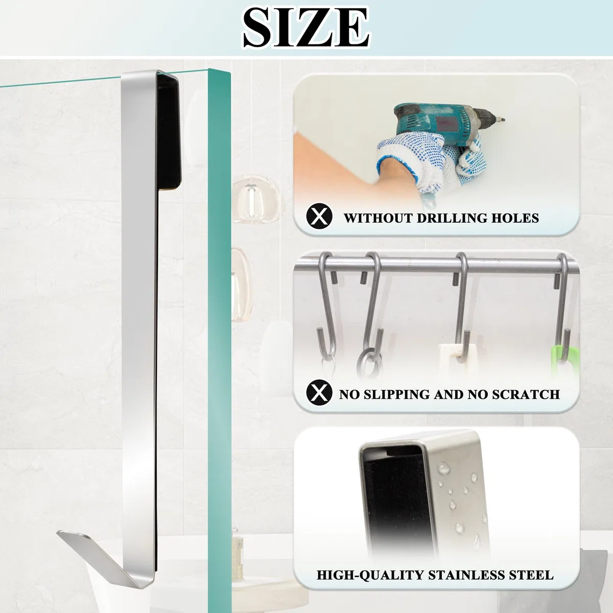 Set di 3 Ganci da Doccia in Acciaio Inox, Ganci per Asciugamani da Bagno,senza Forature, Ganci per Doccia in Vetro con Imbottitura di Protezione, per Doccia in Vetro, Camera da Letto, Cucina
