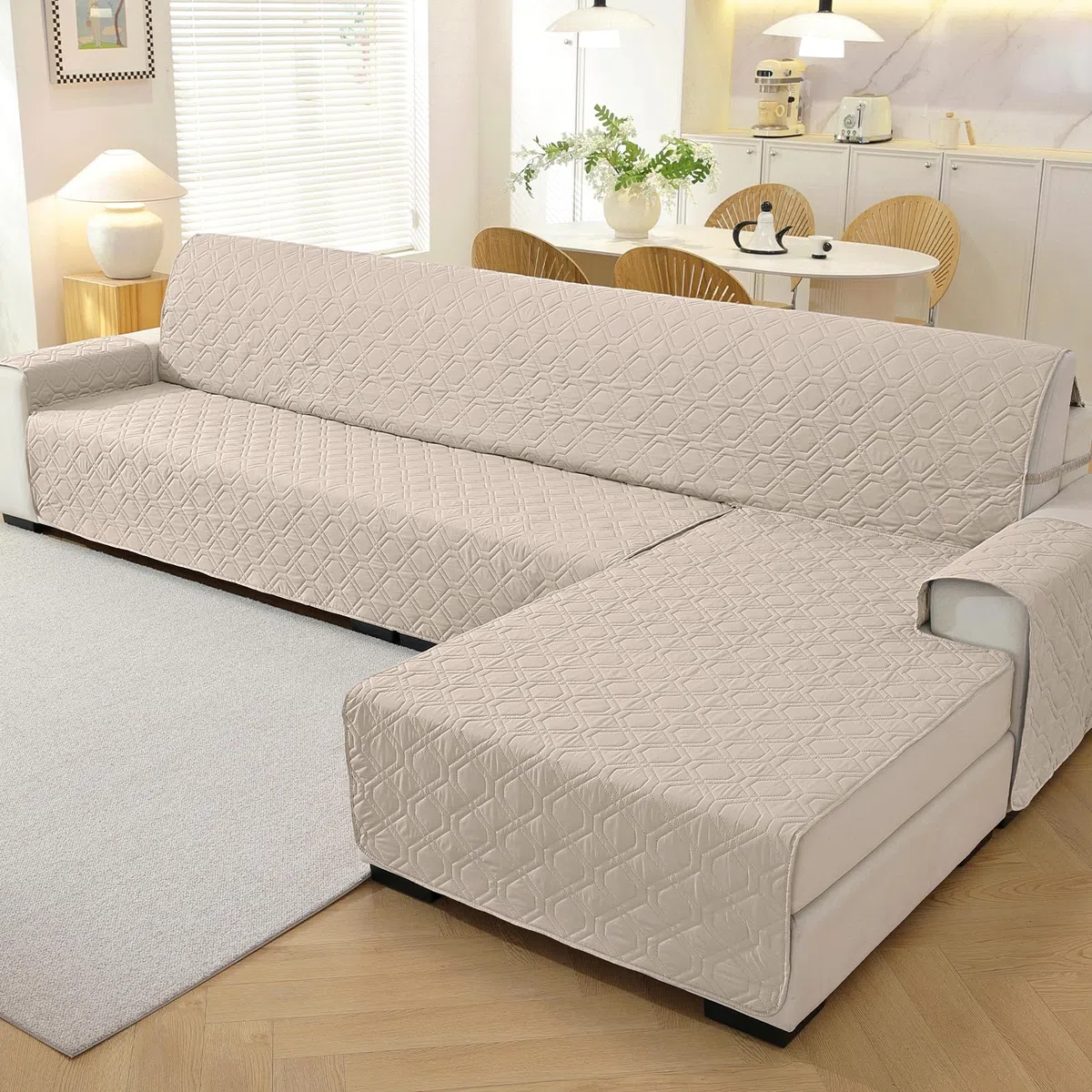 YSTELLAA Impermeabile Copridivano 3 Posti Con Penisola, Copri Divano Angolare Destra/Sinistra Universale Reversibile, Copridivano Chaise Longue Antiscivolo, Antigraffio Antimacchia, Beige