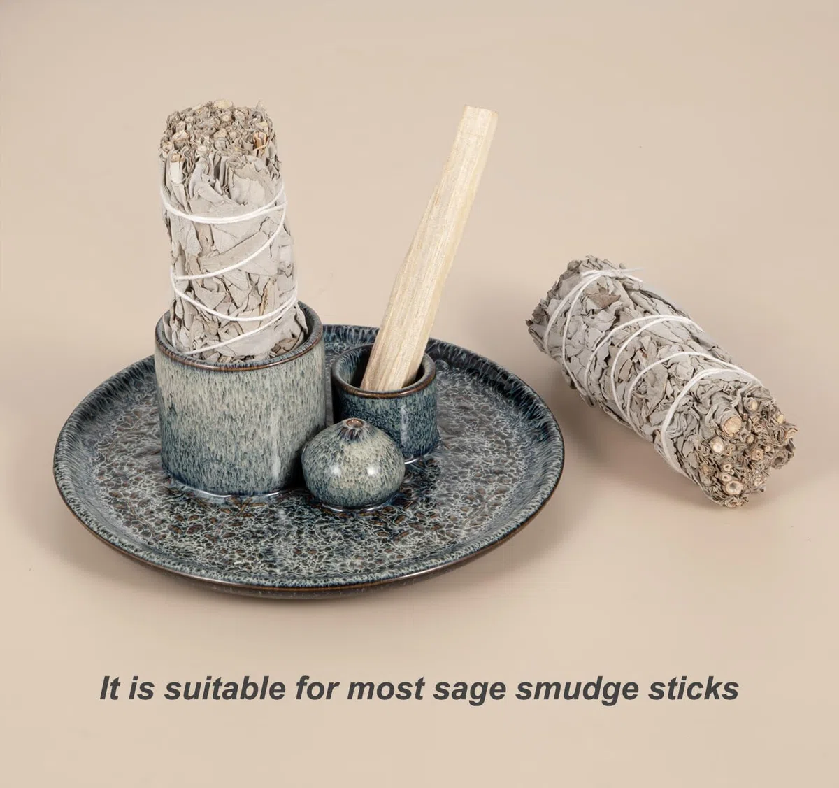 Porta Salvia in Ceramica, Porta Incenso 3 in 1 per Palo Santo e Salvia, Vassoio Artigianale per Cenere da Meditazione (Verde)