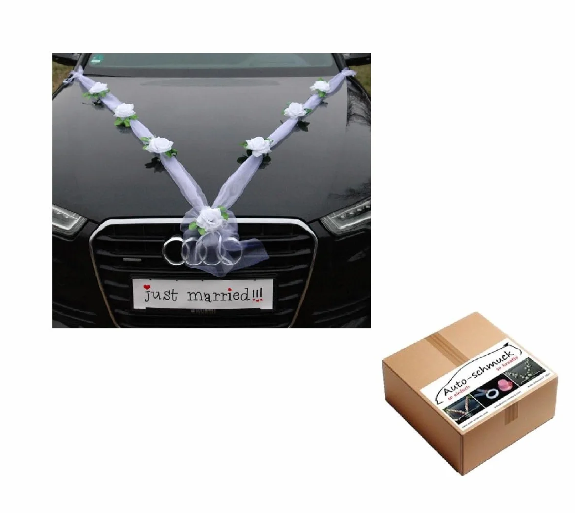 Organza M Auto Gioielli Sposa Coppia Rose Decorazione Organza M Matrimonio Car Wedding Decorazione Ghirlanda Auto (Bianco Puro/Bianco)