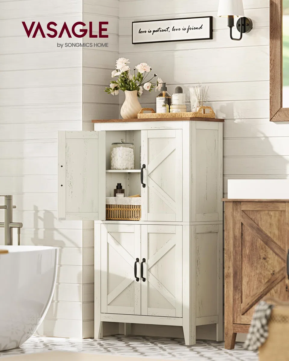 VASAGLE Collezione LIRY - Mobile da Bagno in Stile Farmhouse, Mobiletto con Ante in Stile Fienile, Credenza Cucina, Ripiani Regolabili, Sala da Pranzo Soggiorno, Bianco Vintage BBK773W01