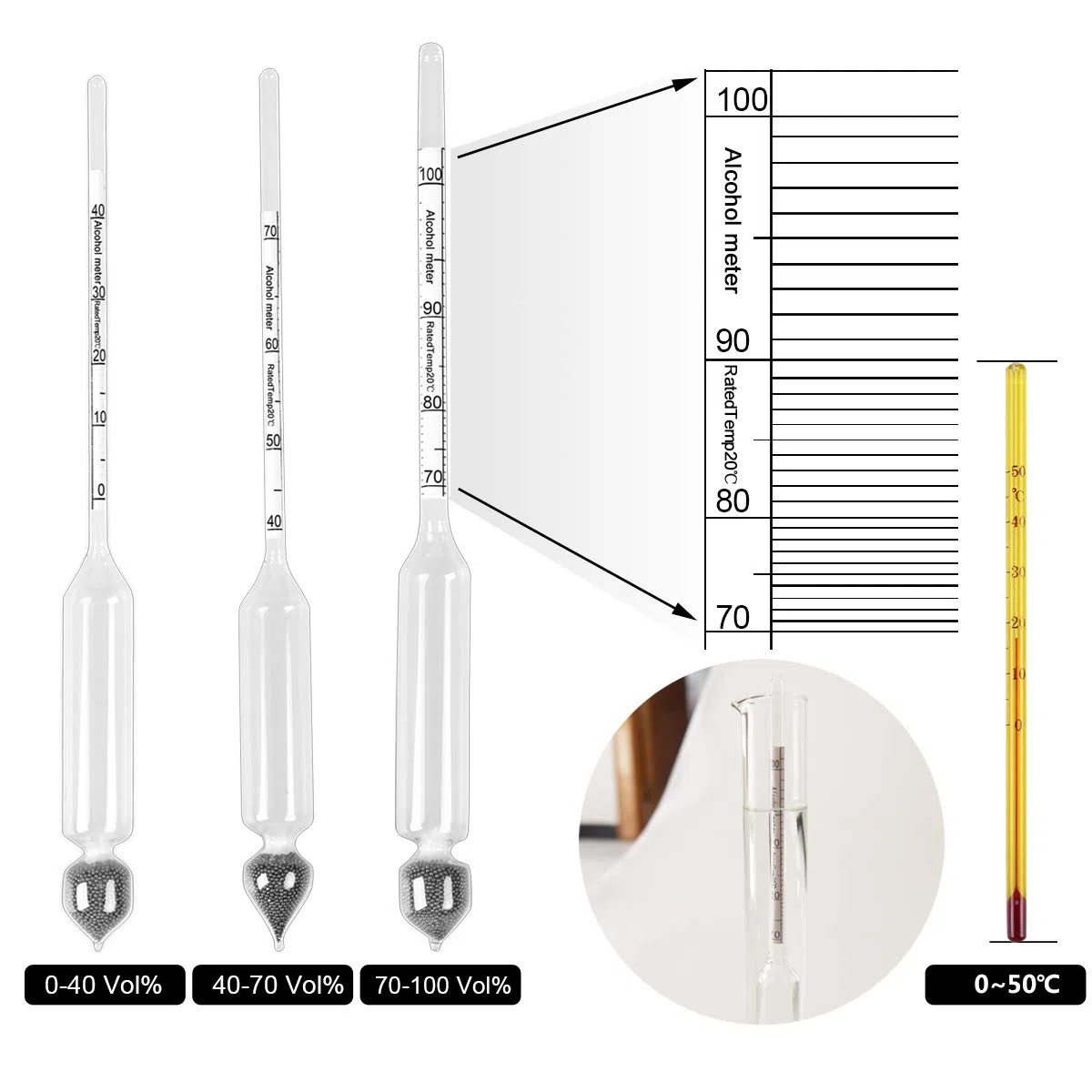 alcol tester, 3 pezzi, alcolometro, misura il contenuto alcolico 0 - 100 Vol%, alcol - vinometro + termometro per tutte i liquori, distillati, whisky, brandy, vodka, ecc