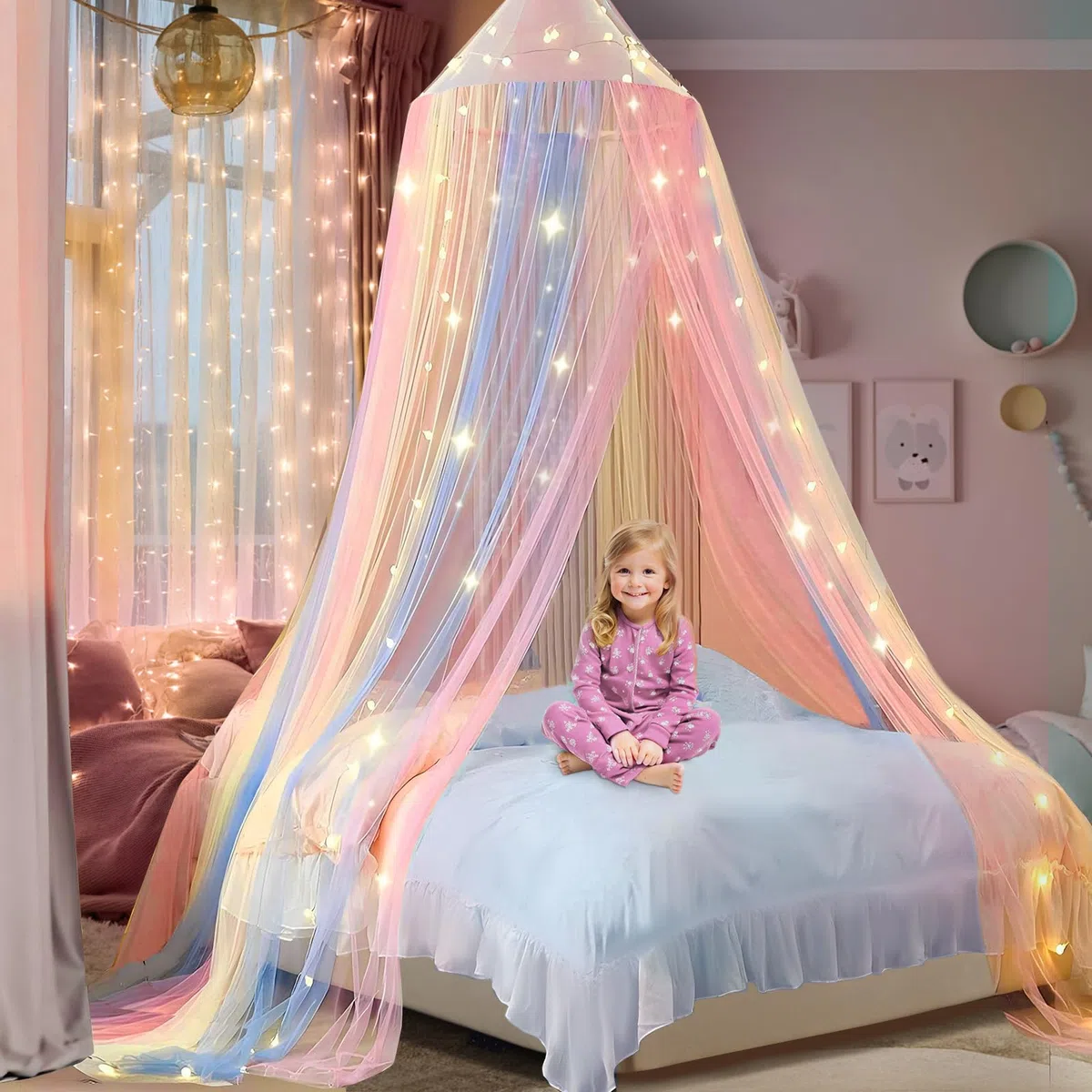 Forhome Cielo da letto per bambine, con arcobaleno, (60x250x125), rete da appendere, decorazione stanza, zanzariera viaggi casa