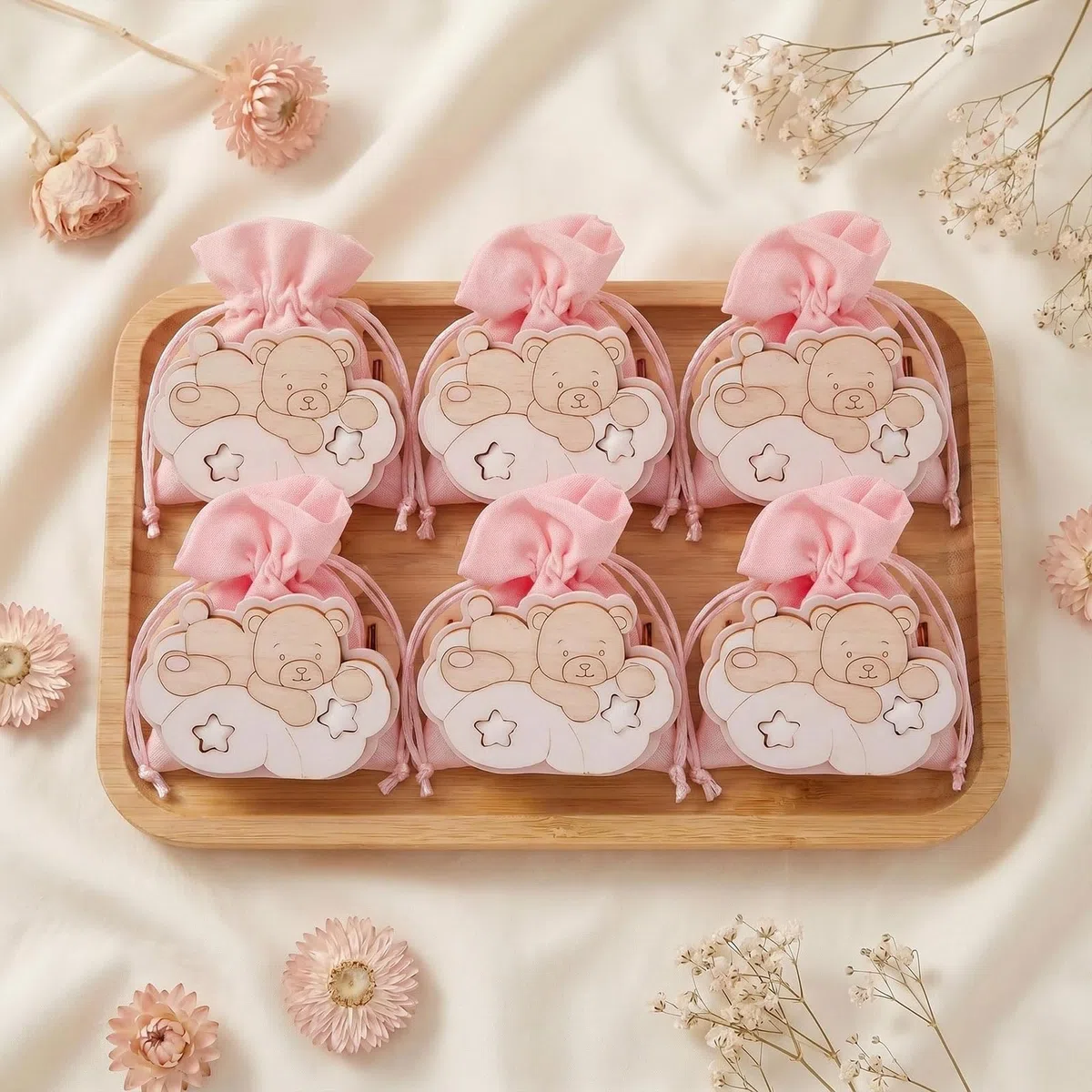 Sacchetto Sacchettini Sacchetti per Confetti Bomboniere Battesimo Bambina Ragazzo Portaconfetti Comunione 12 Pieces (Rosa Pastello, Orsetto Sulle Nuvole)