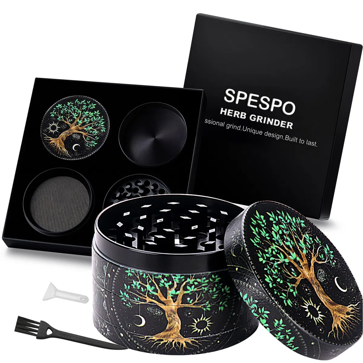 Grande Macinaspezie Versatile 63mm(2.5 "), Spespo Macinino meccanico per spezie,- realizzato in Lega di zinco - 4 Pezzi - full color printing (Tree design)