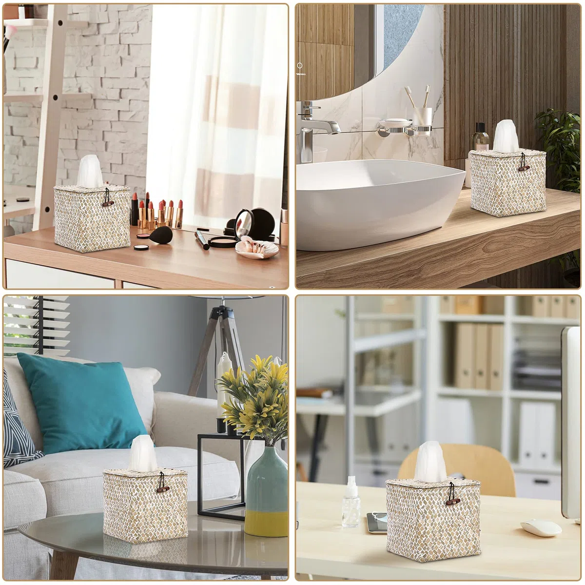 BTSKY Scatola per fazzoletti per il viso quadrata in legno di alghe – Porta fazzoletti decorativi in vimini per cucina, bagno, ufficio e hotel, imbiancatura