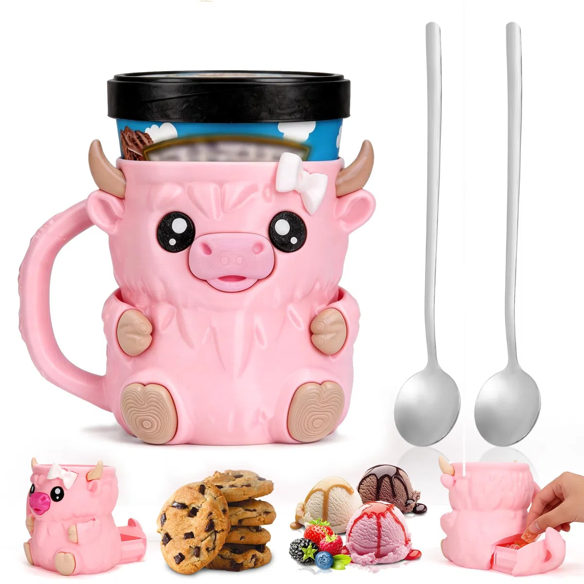 Porta gelato, con manico, a forma di mucca delle Highland, con manico, a prova di perdite, per amanti delle mucche delle Highland (rosa)