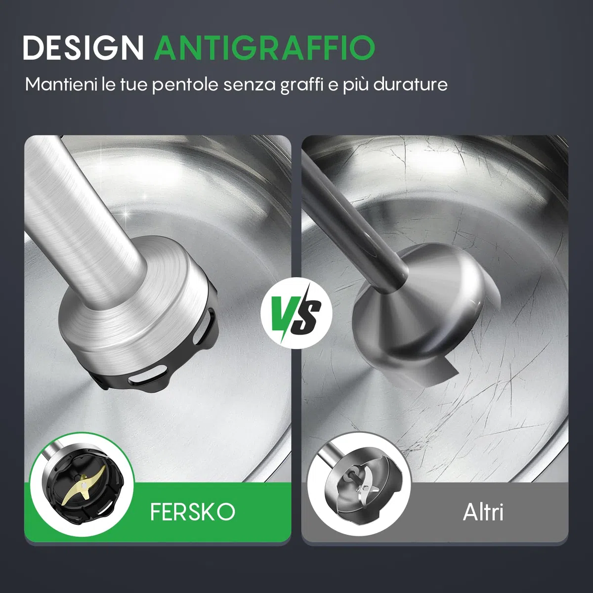 FRESKO Frullatore a Immersione, 1000W Frullatore in Acciaio Inox con Protezione per Pentole, 5 Accessori, Velocità Regolabile, Frullatore Manuale per Alimenti per Bambini, Zuppe, Smoothies