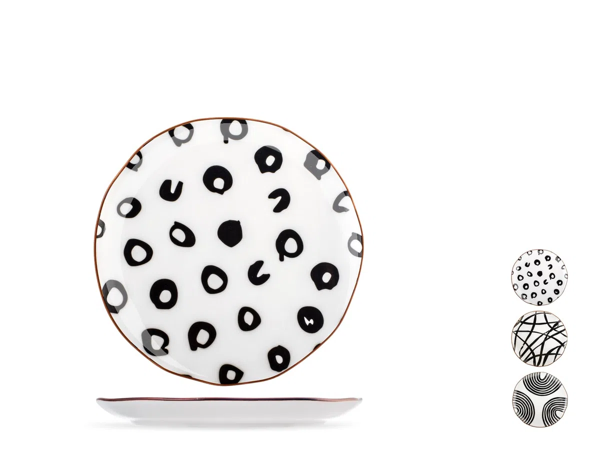 H&H-Avana, set 6 piatti frutta, in porcellana, decorata, stile etnico, piatti black&white, 21 cm, lavabili in lavastoviglie