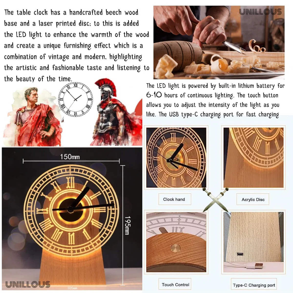 Orologio da Tavolo Romano Design Artigianale in legno massello Silenzioso Luce LED ricaricabile e regolabile oggetto d'arredo decorativo per casa ufficio idea regalo table clock movimento automatico