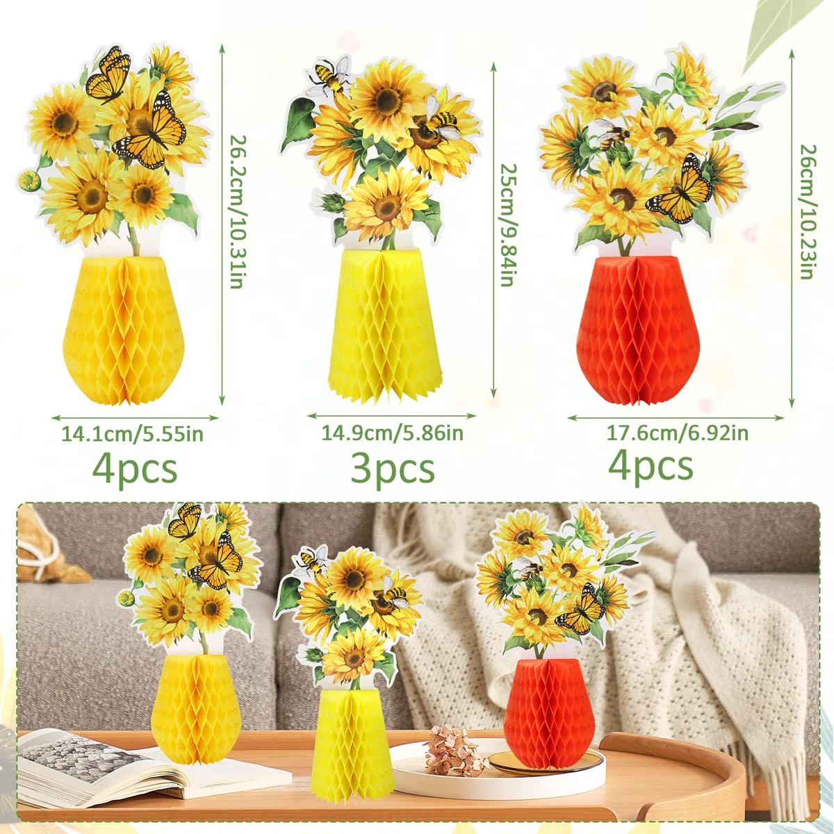 SJUNJIE 11 Pezzi Decorazioni a Forma di Palla a Nido D'ape con Girasoli Gelb Birthday Decorations Api Decorative Addobbi per Feste a Tema Girasole Compleanni
