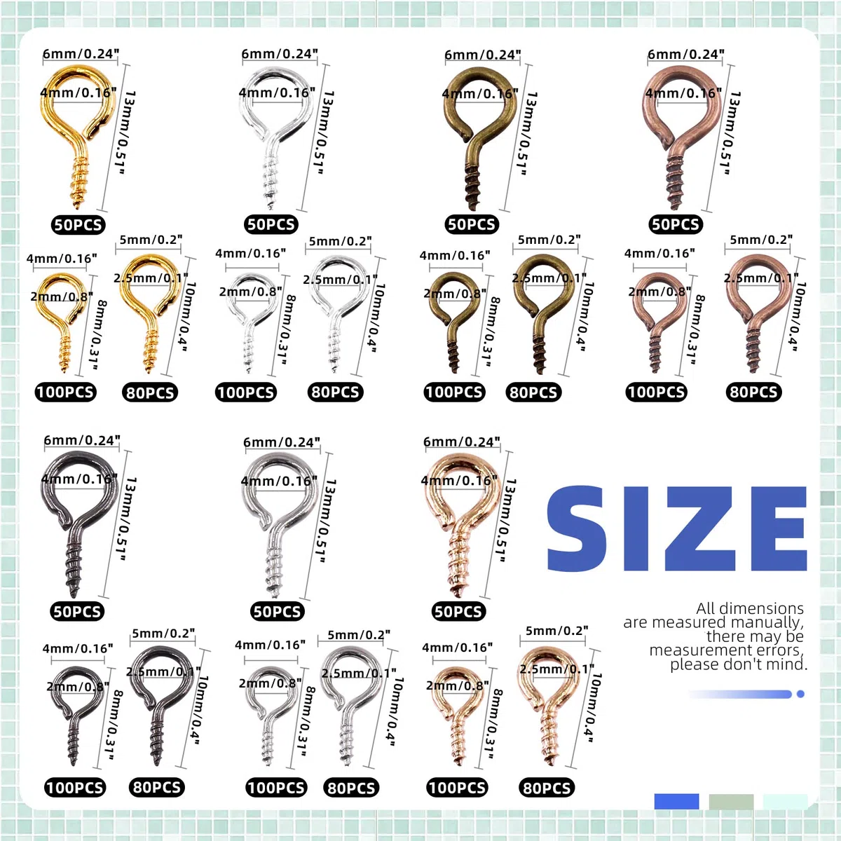 Glarks 1610Pcs 7 colori Vite Eye Pins Ganci Filettati Eye Pin Peg Mini Metallo Anello Chiodi Ganci Vite per Gioielli, Orecchini, Collane, Bracciali FAI DA TE 3 Dimensioni da 4x8 mm, 5x10 mm, 6x13 mm